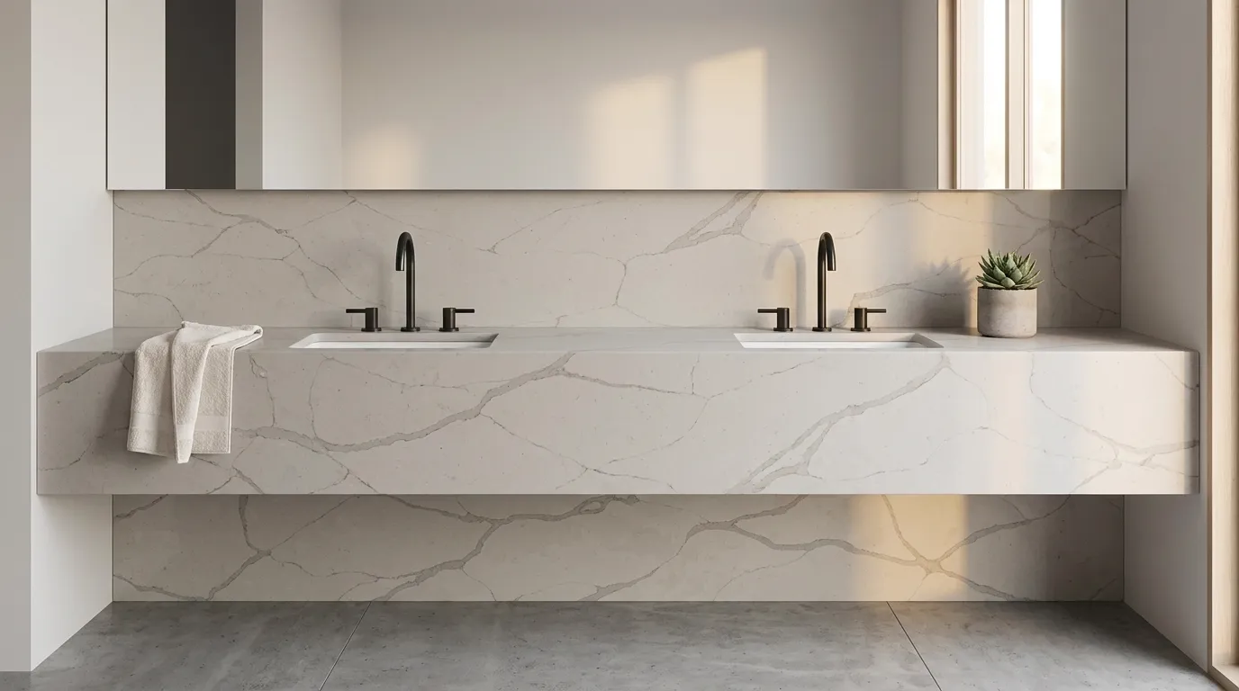 Calacatta Classic double vanity countertop and backsplash in a modern bathroom
