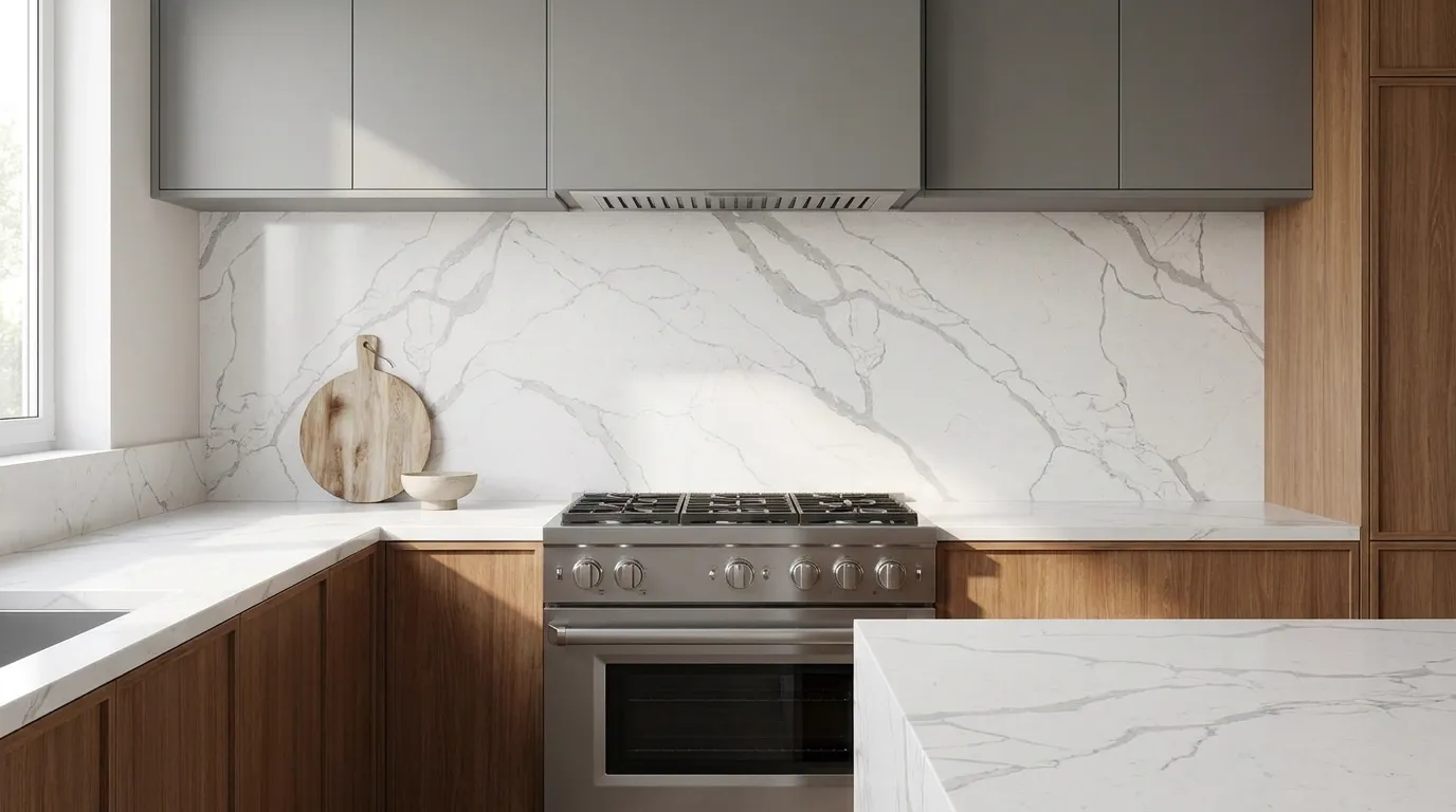 Calacatta Classic full-height kitchen backsplash and matching countertop