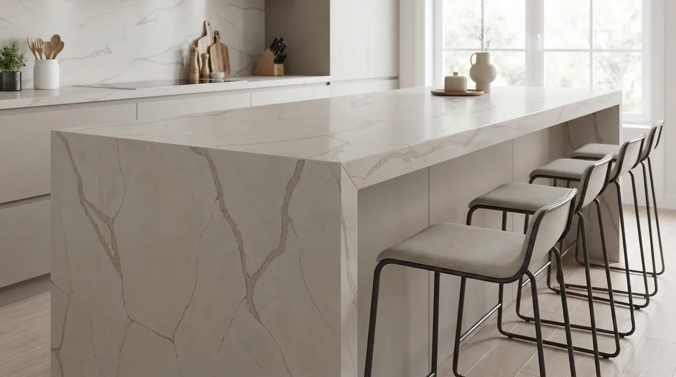 Calacatta Classic waterfall-edge kitchen island with continuous veining