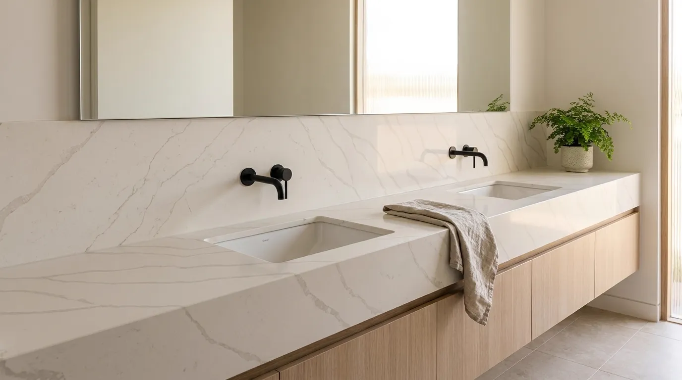 Calacatta Glory double vanity countertop and backsplash in a modern bathroom