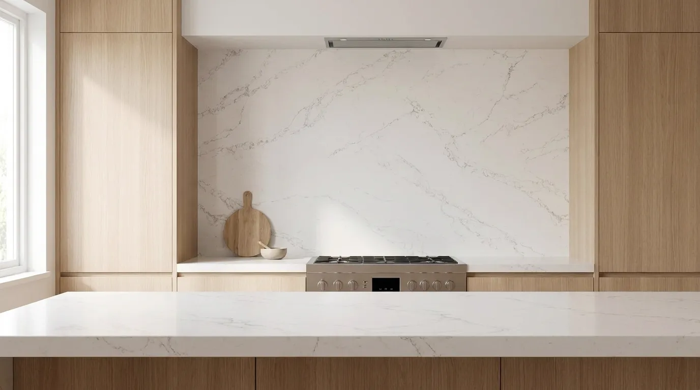 Calacatta Glory full-height kitchen backsplash and matching countertop