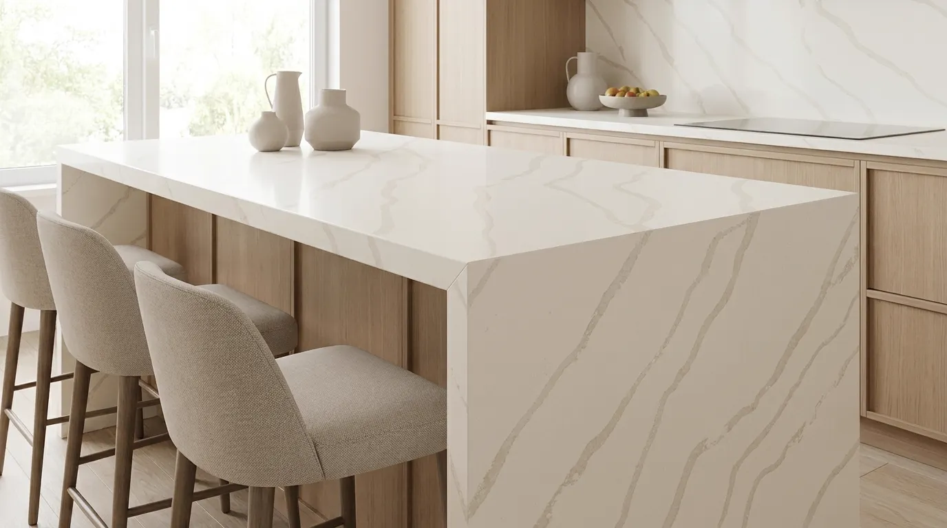 Calacatta Glory waterfall-edge kitchen island with continuous veining