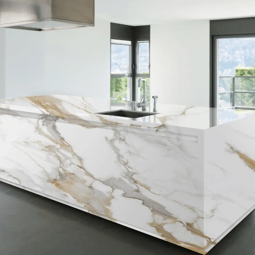 Calacatta Gold HD quartz slab section with the vein running edge to edge