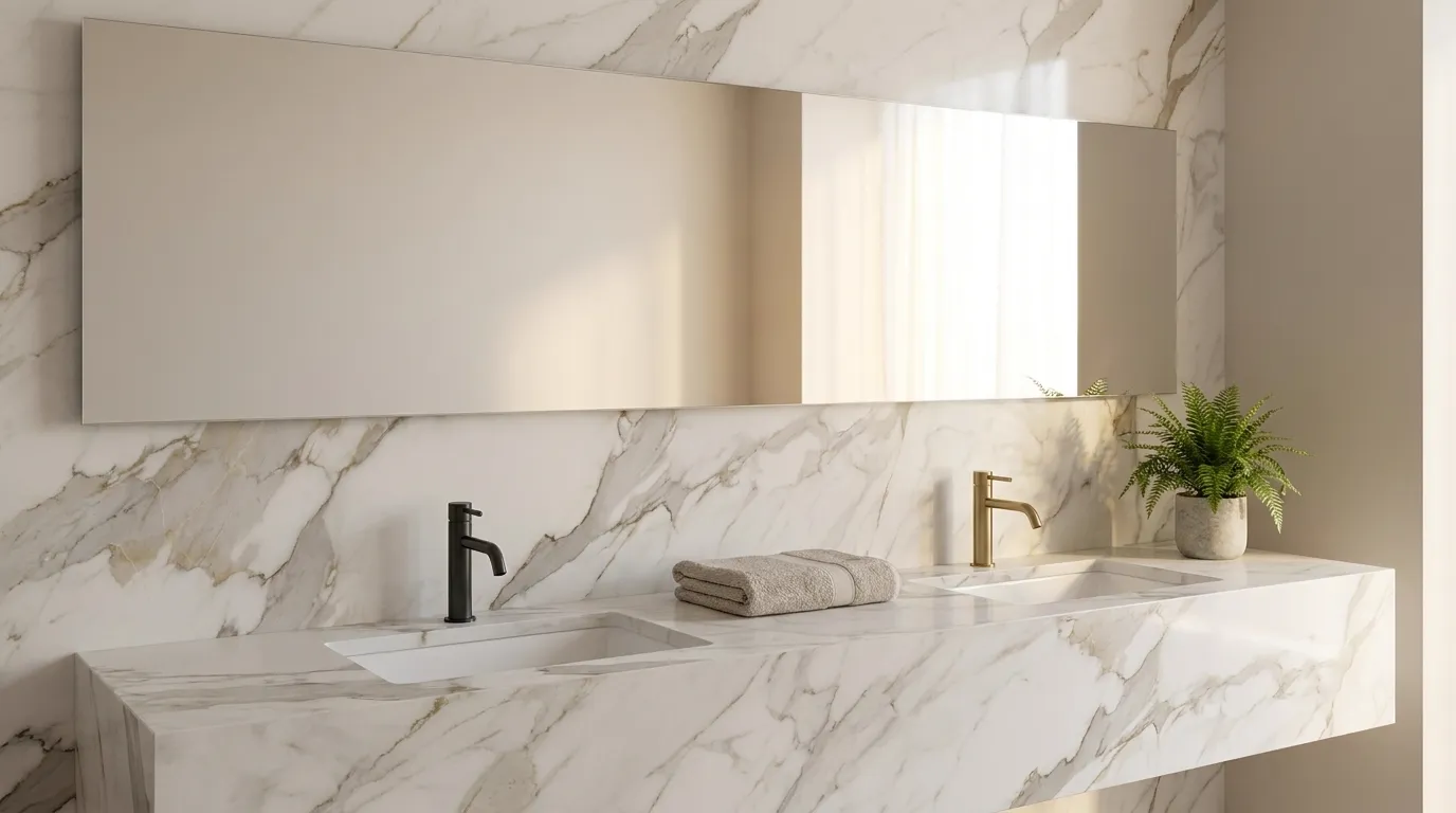Calacatta Gold HD Quartz Stone double vanity countertop and backsplash in a modern bathroom
