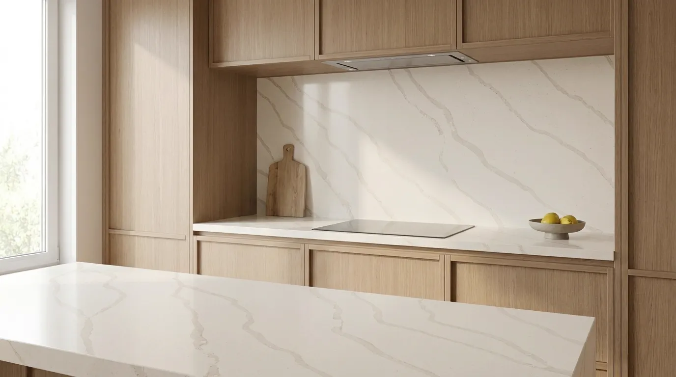 Calacatta Gold HD Quartz Stone full-height kitchen backsplash and matching countertop