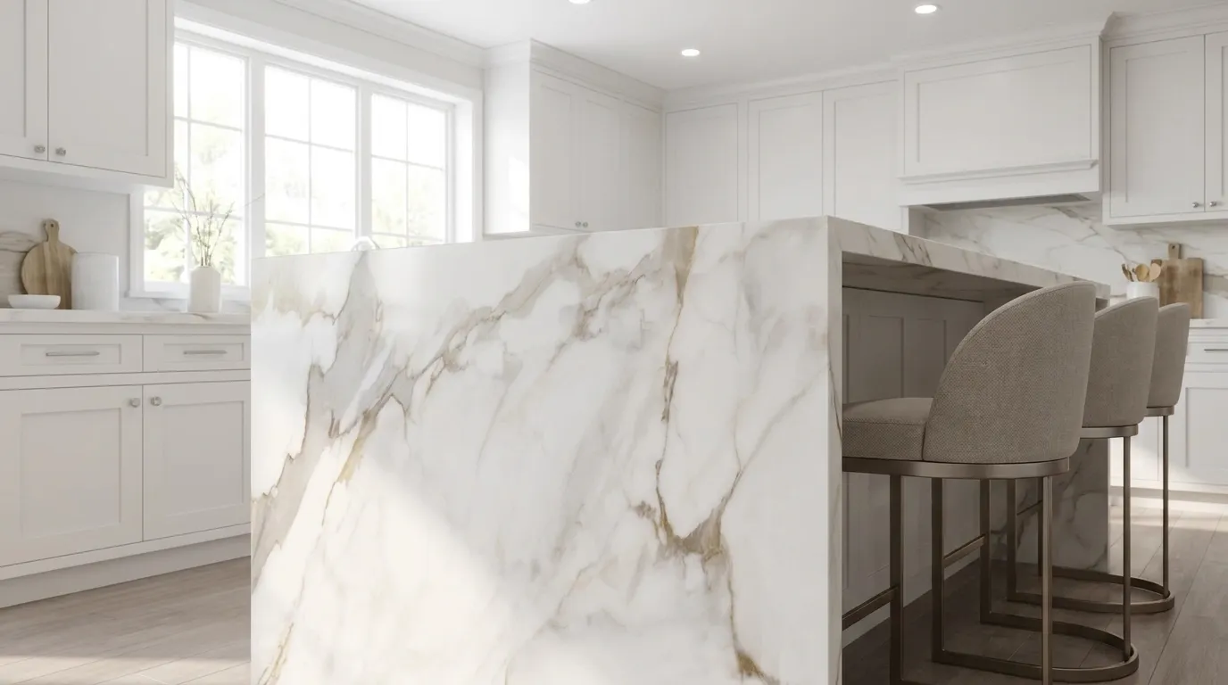 Calacatta Gold HD Quartz Stone waterfall-edge kitchen island with continuous veining