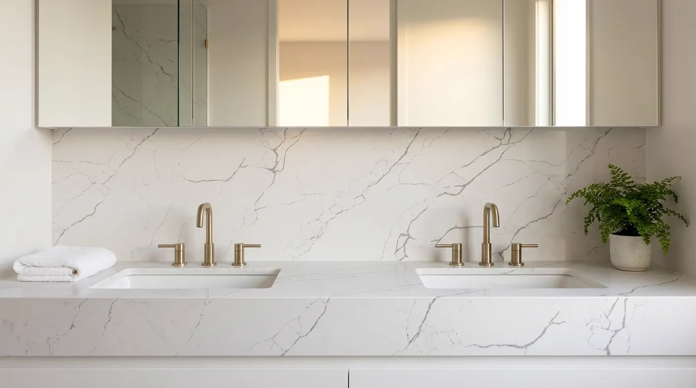 Calacatta Jasmine J Quartz Stone double vanity countertop and backsplash in a modern bathroom