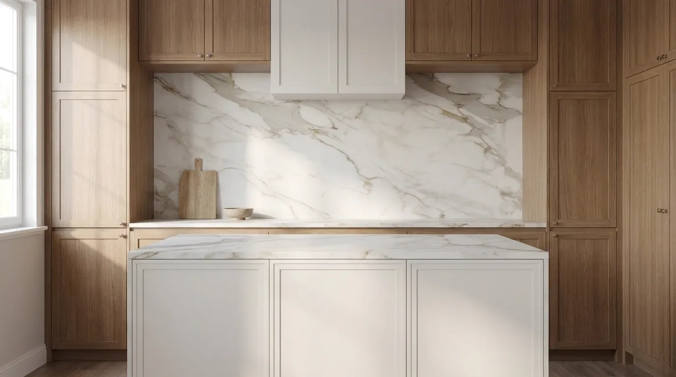 Calacatta Jasmine J Quartz Stone full-height kitchen backsplash and matching countertop