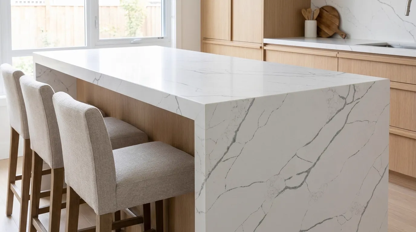 Calacatta Jasmine J Quartz Stone waterfall-edge kitchen island with continuous veining