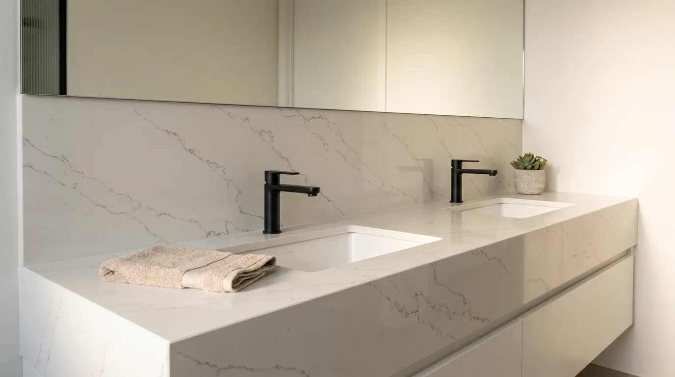 Calacatta Miracle double vanity countertop and backsplash in a modern bathroom