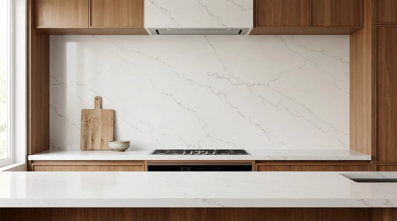 Calacatta Miracle full-height kitchen backsplash and matching countertop