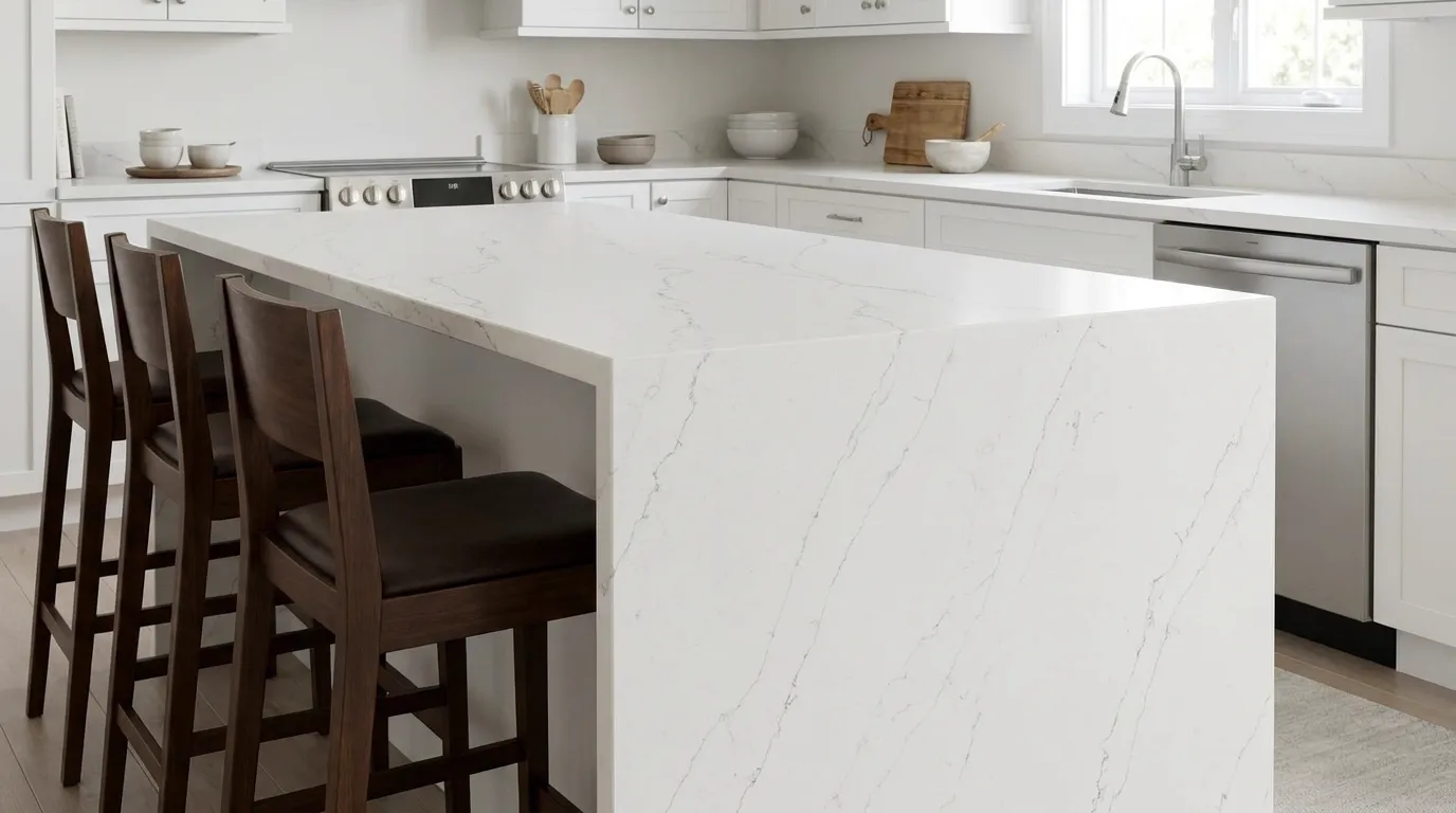 Calacatta Miracle waterfall-edge kitchen island with continuous veining