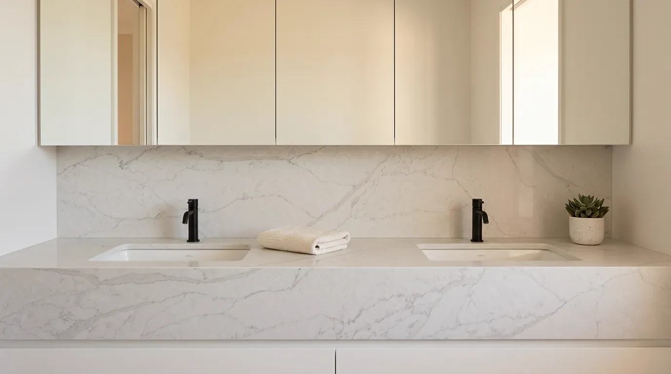 Calacatta Mystery double vanity countertop and backsplash in a modern bathroom