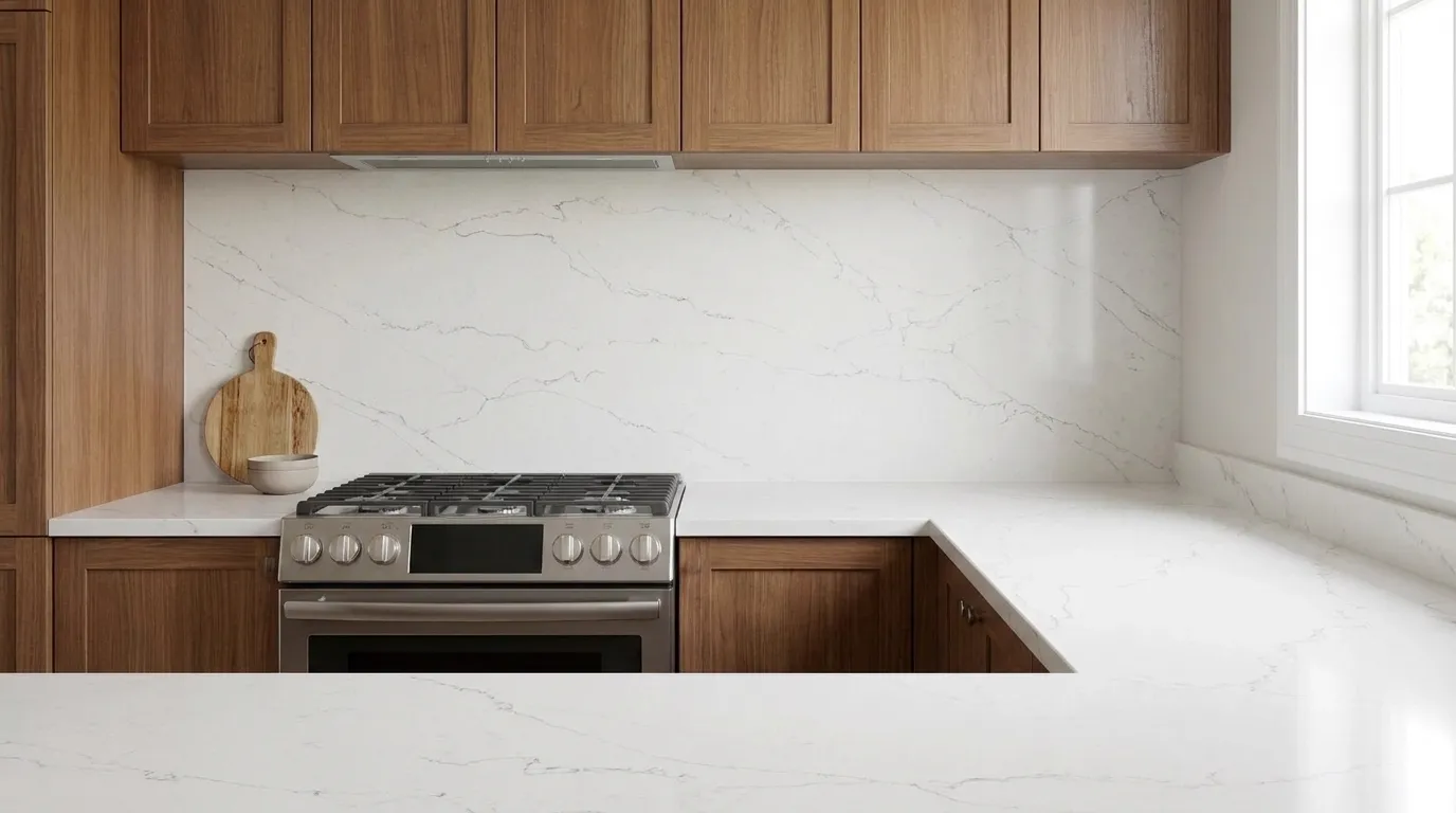 Calacatta Mystery full-height kitchen backsplash and matching countertop