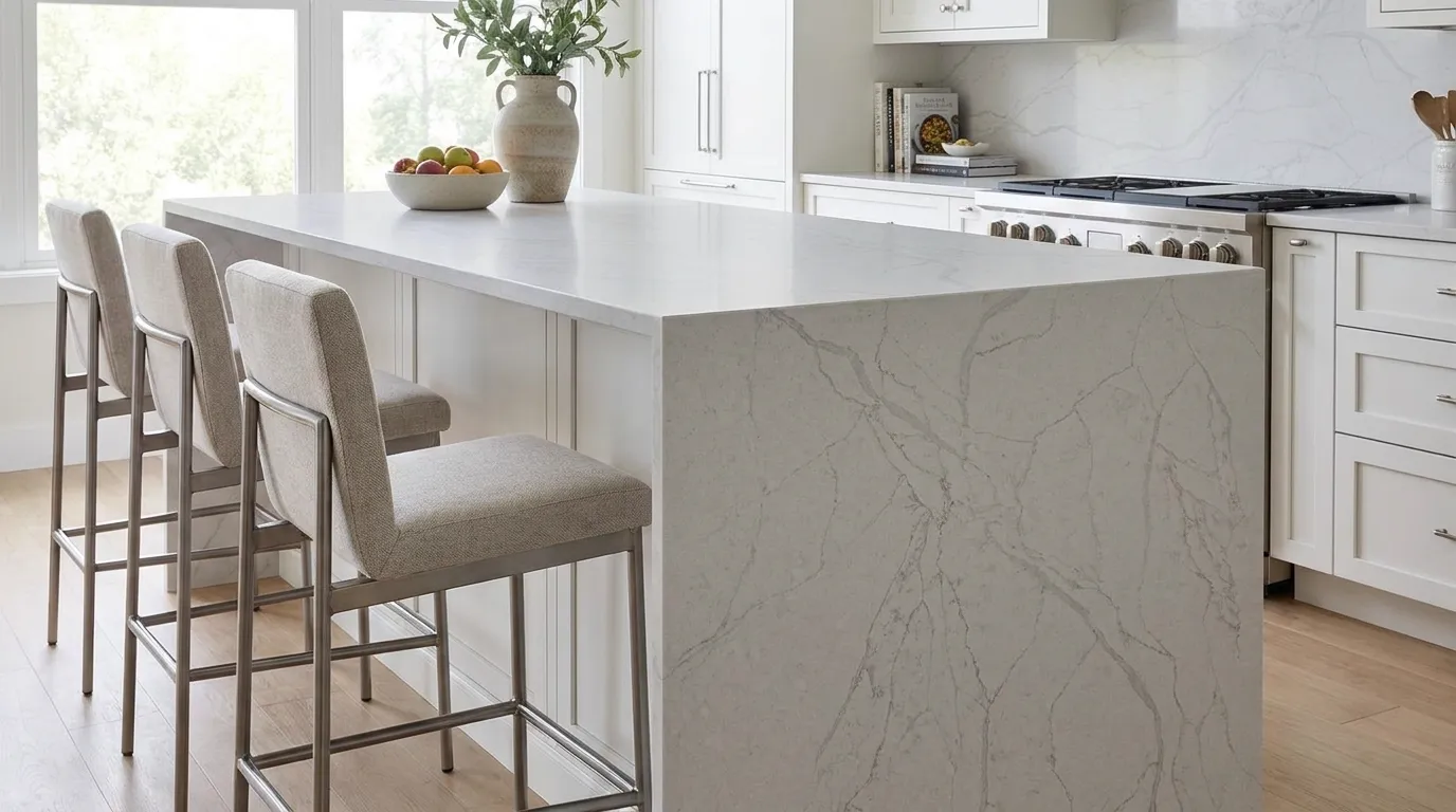 Calacatta Mystery waterfall-edge kitchen island with continuous veining