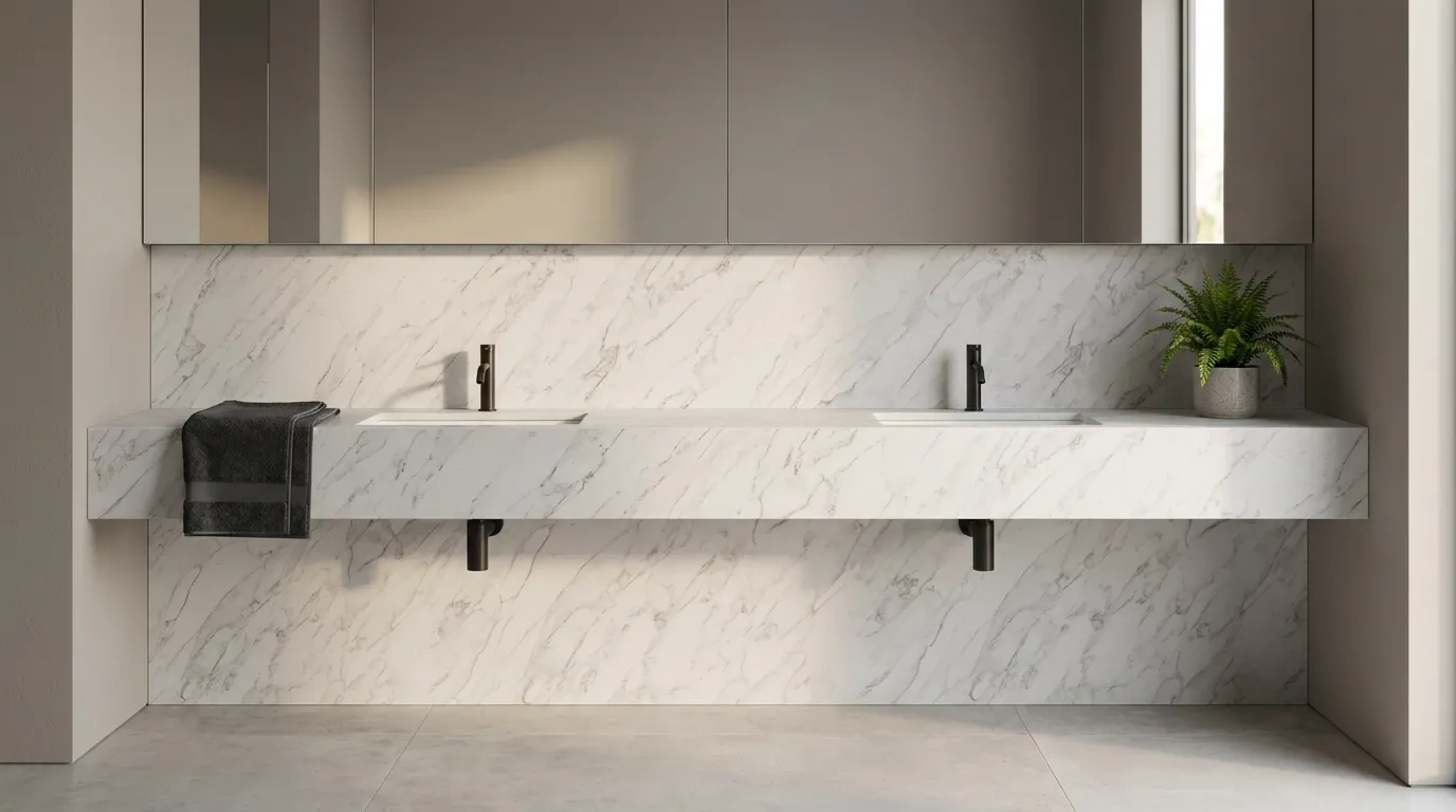 Calacatta Neo Quartz Stone double vanity countertop and backsplash in a modern bathroom