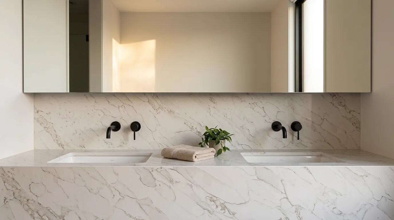 Calacatta Neo Gold Quartz Stone double vanity countertop and backsplash in a modern bathroom
