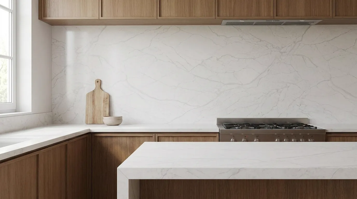 Calacatta Neo Gold Quartz Stone full-height kitchen backsplash and matching countertop