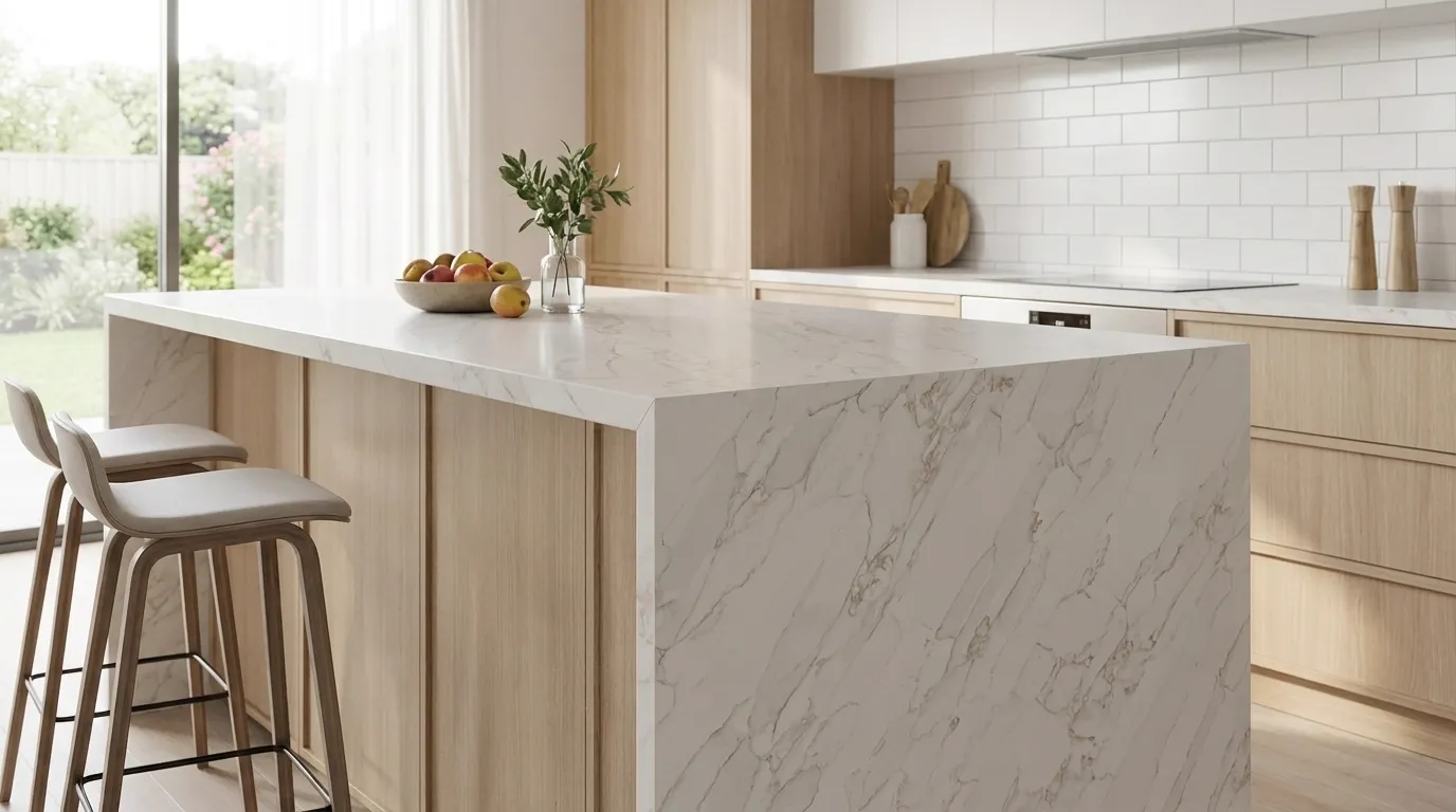 Calacatta Neo Gold Quartz Stone waterfall-edge kitchen island with continuous veining