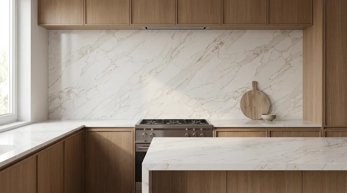 Calacatta Neo Quartz Stone full-height kitchen backsplash and matching countertop
