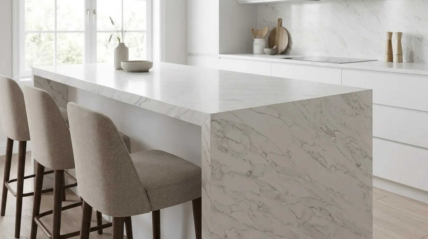 Calacatta Neo Quartz Stone waterfall-edge kitchen island with continuous veining