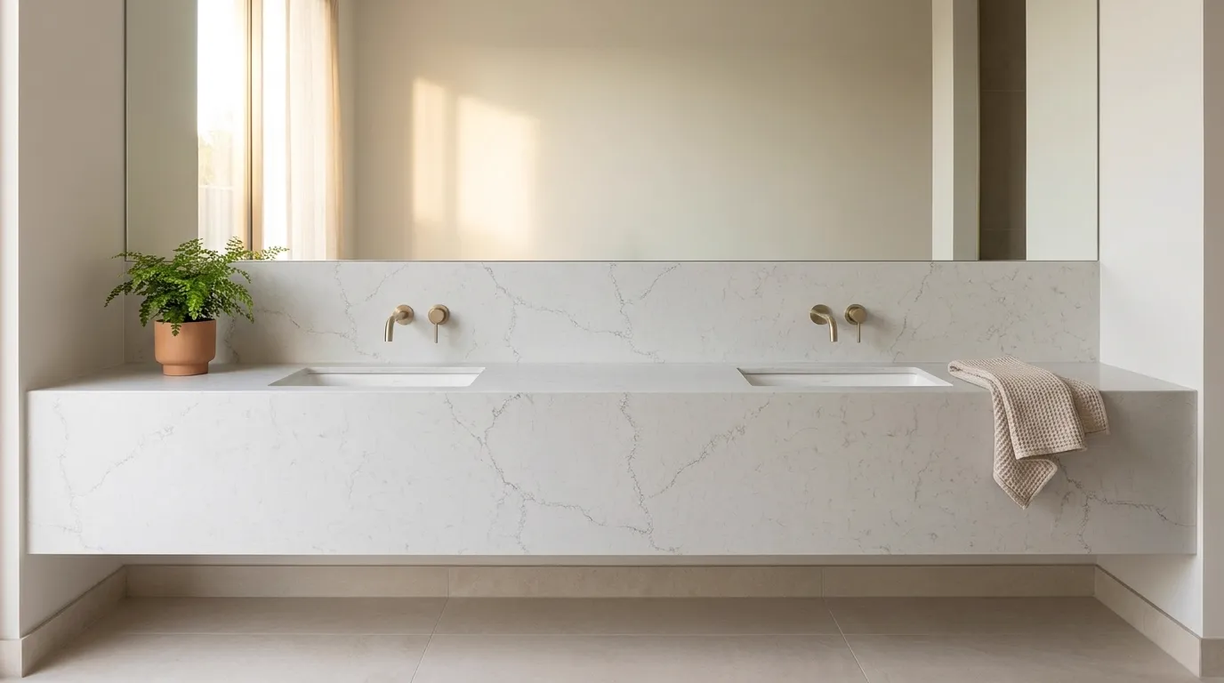 Calacatta Neomisterio Quartz Stone double vanity countertop and backsplash in a modern bathroom