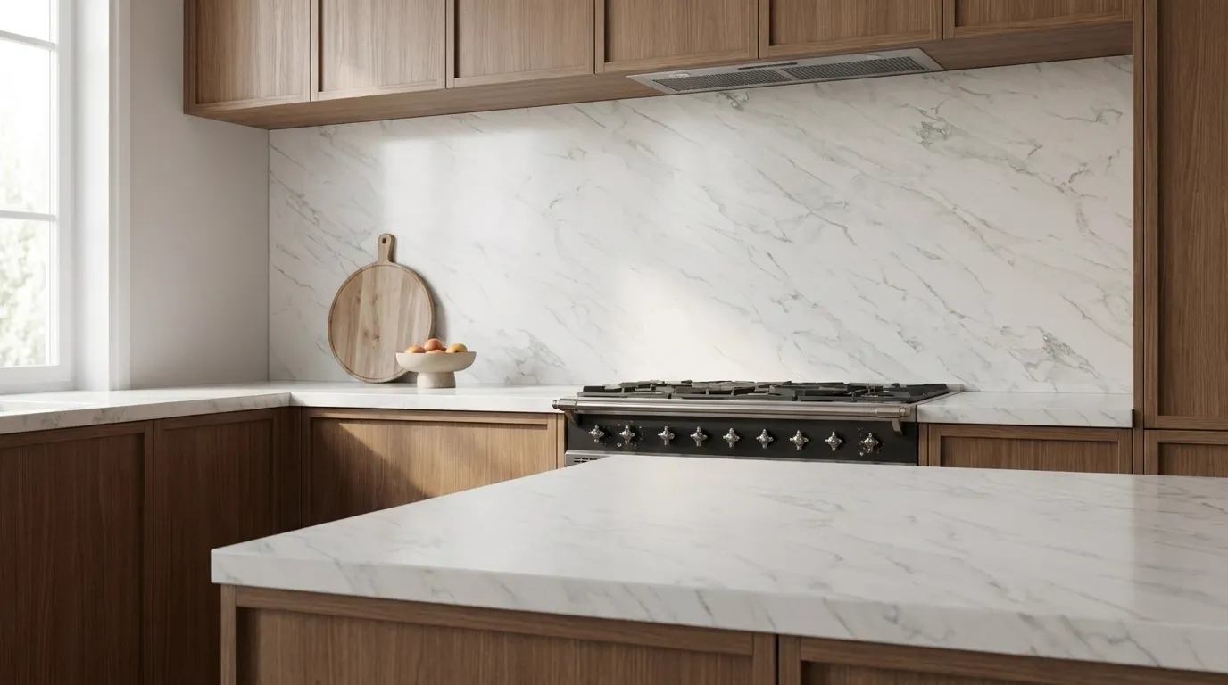 Calacatta Neomisterio Quartz Stone full-height kitchen backsplash and matching countertop