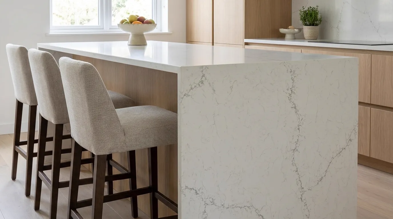 Calacatta Neomisterio Quartz Stone waterfall-edge kitchen island with continuous veining