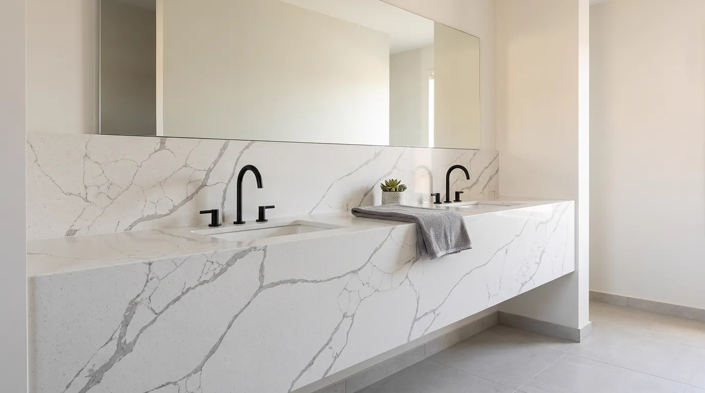 Calacatta Nova double vanity countertop and backsplash in a modern bathroom