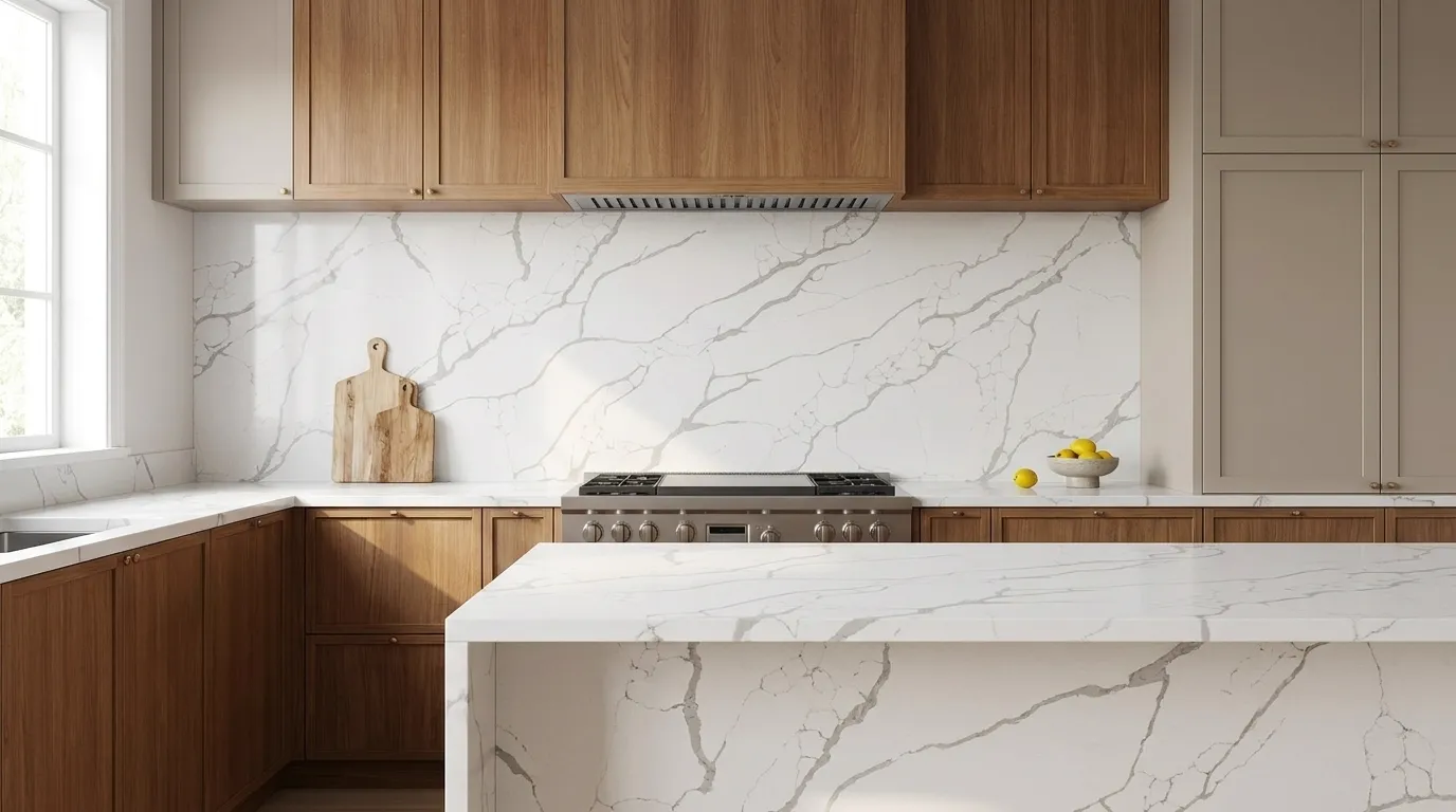 Calacatta Nova full-height kitchen backsplash and matching countertop