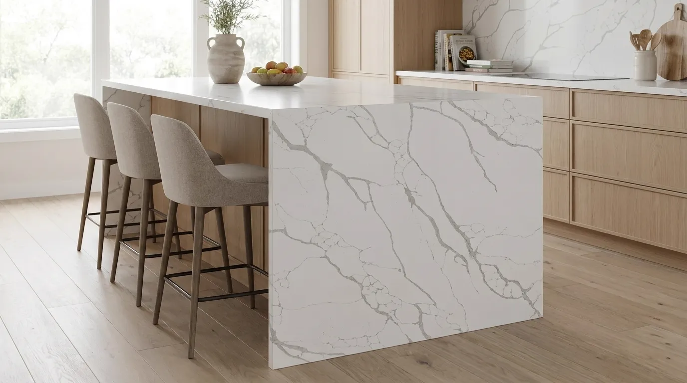 Calacatta Nova waterfall-edge kitchen island with continuous veining
