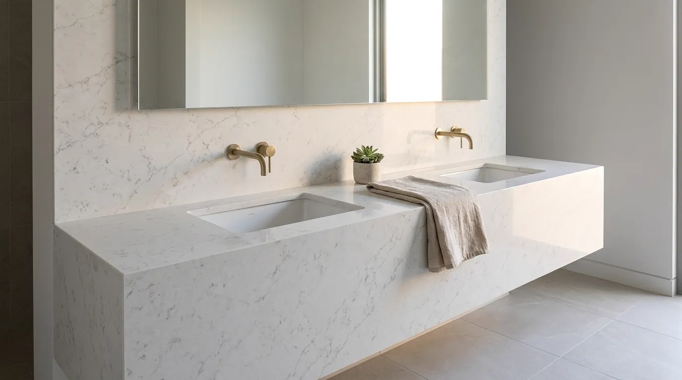 Calacatta Ocean double vanity countertop and backsplash in a modern bathroom
