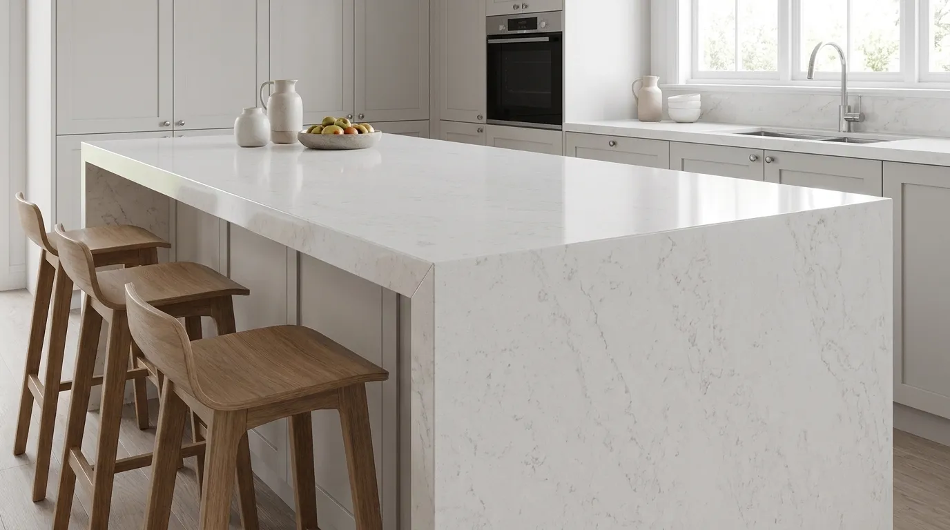 Calacatta Ocean waterfall-edge kitchen island with continuous veining