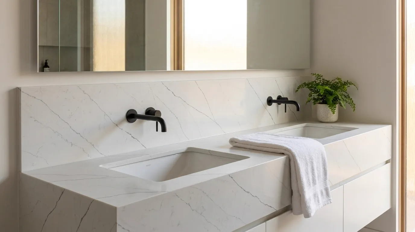 Calacatta Rainforest Quartz Stone double vanity countertop and backsplash in a modern bathroom