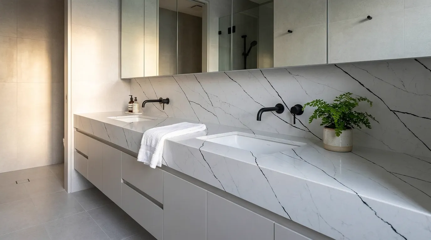 Calacatta Rainforest Black Quartz Stone double vanity countertop and backsplash in a modern bathroom