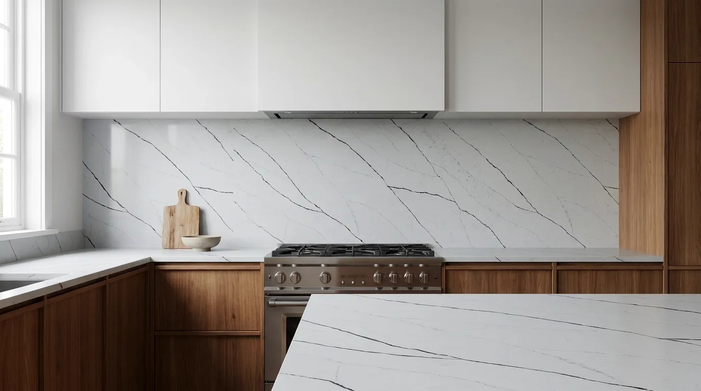 Calacatta Rainforest Black Quartz Stone full-height kitchen backsplash and matching countertop