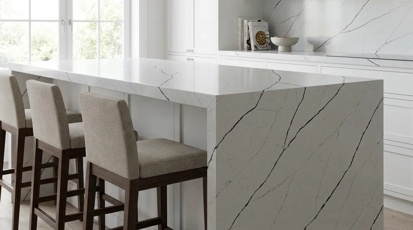 Calacatta Rainforest Black Quartz Stone waterfall-edge kitchen island with continuous veining