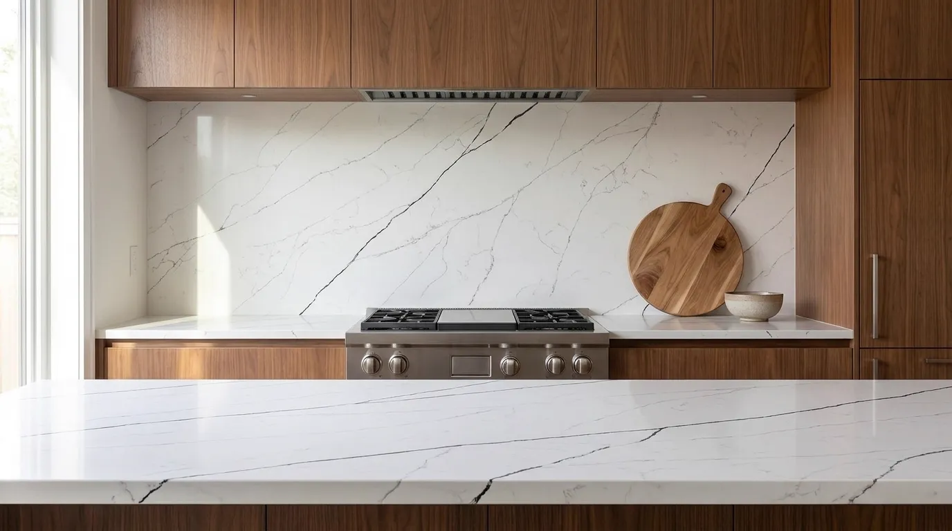 Calacatta Rainforest Quartz Stone full-height kitchen backsplash and matching countertop