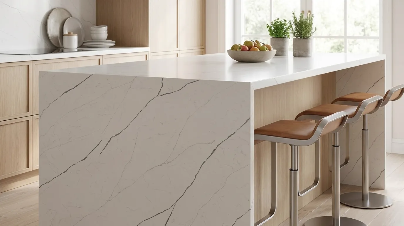 Calacatta Rainforest Quartz Stone waterfall-edge kitchen island with continuous veining