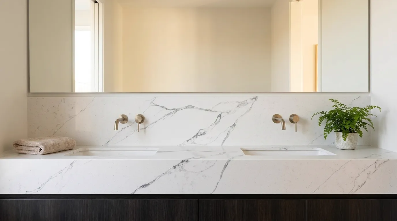 Calacatta Rocky Quartz Stone double vanity countertop and backsplash in a modern bathroom