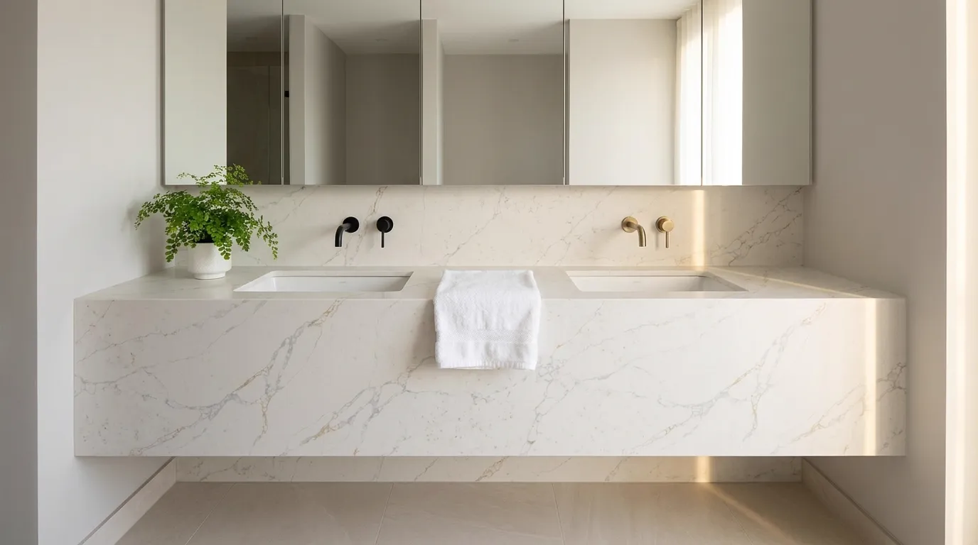 Calacatta Rocky Gold Quartz Stone double vanity countertop and backsplash in a modern bathroom