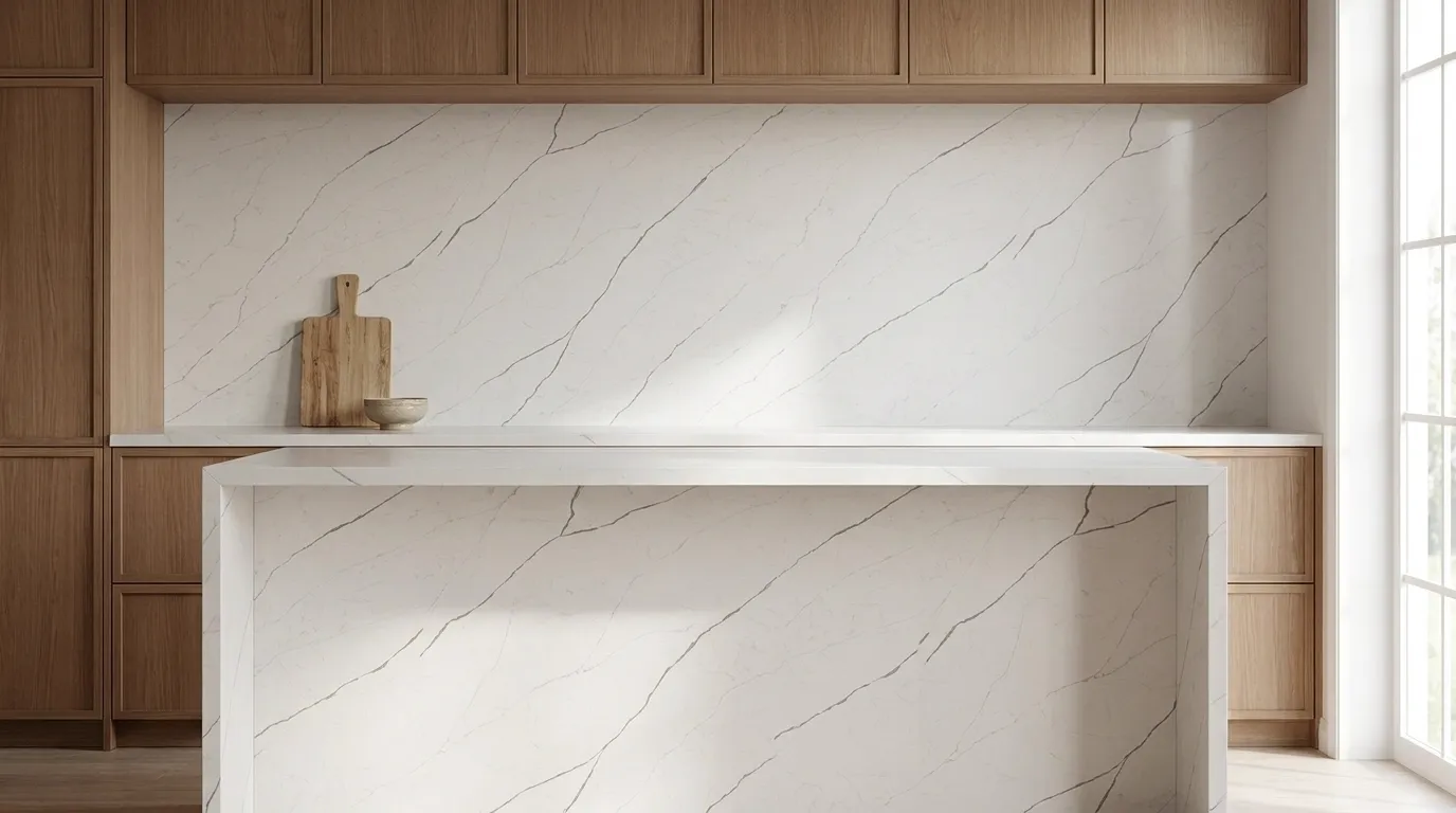 Calacatta Rocky Gold Quartz Stone full-height kitchen backsplash and matching countertop