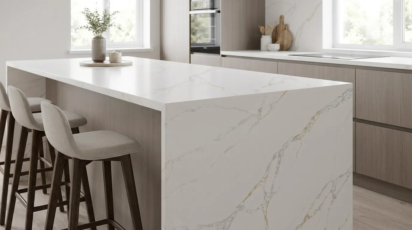 Calacatta Rocky Gold Quartz Stone waterfall-edge kitchen island with continuous veining