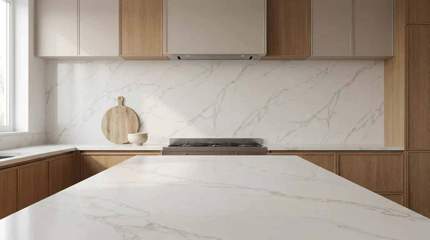 Calacatta Rocky Quartz Stone full-height kitchen backsplash and matching countertop
