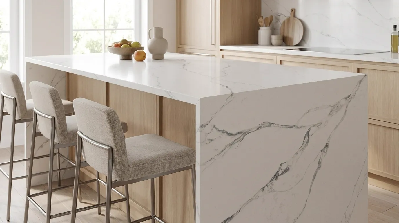 Calacatta Rocky Quartz Stone waterfall-edge kitchen island with continuous veining