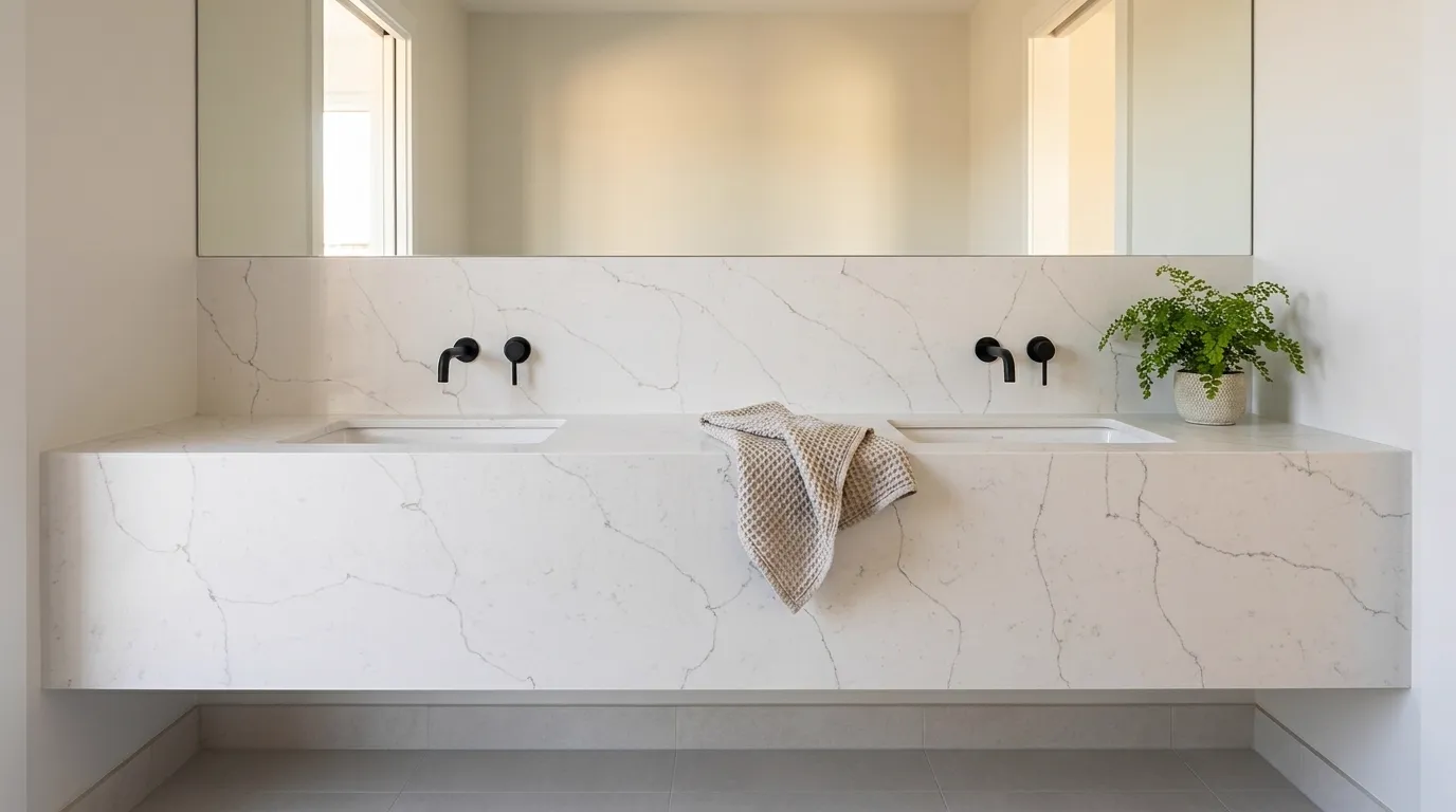 Calacatta Swing double vanity countertop and backsplash in a modern bathroom