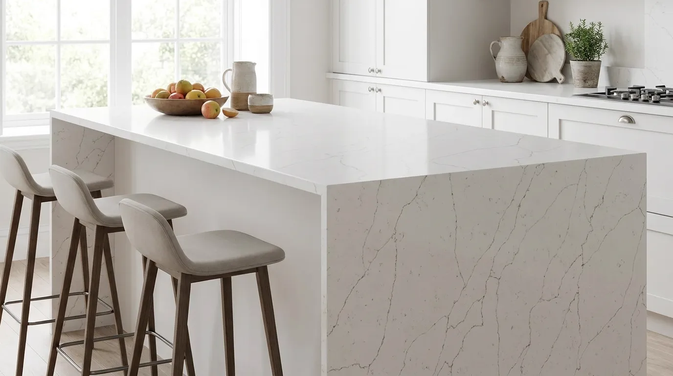 Calacatta Swing waterfall-edge kitchen island with continuous veining