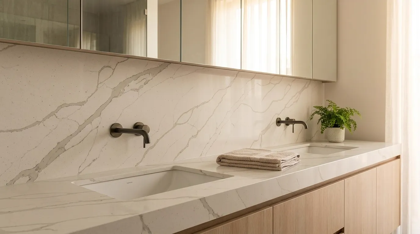 Calacatta Tan double vanity countertop and backsplash in a modern bathroom