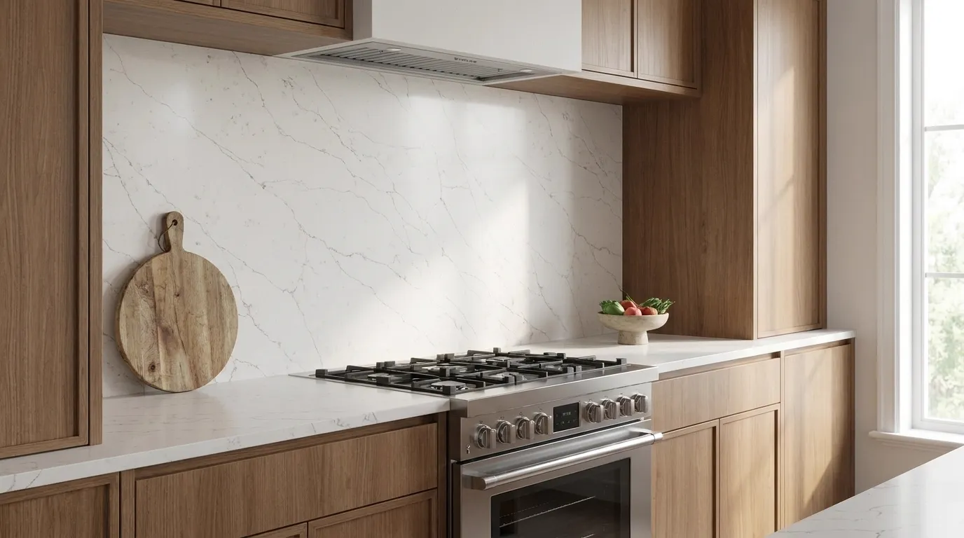 Calacatta Tan full-height kitchen backsplash and matching countertop