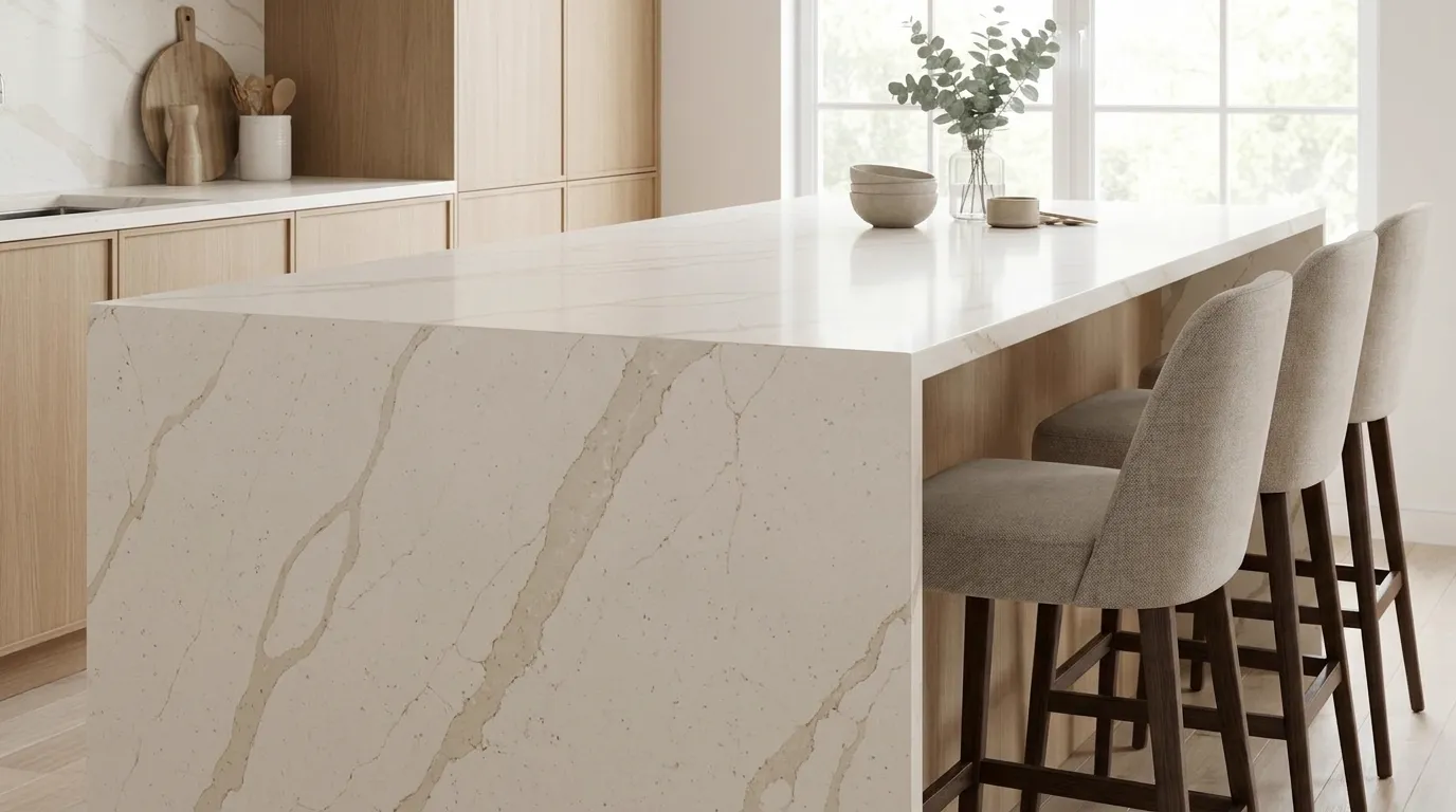 Calacatta Tan waterfall-edge kitchen island with continuous veining